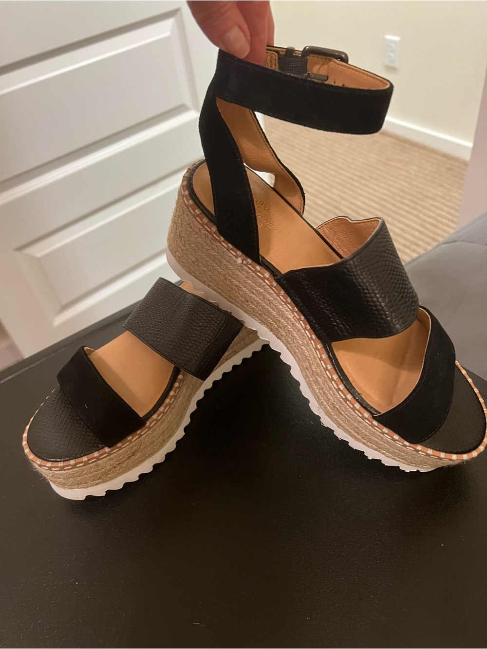 Crown Vintage Black Espadrille Platform Wedge Sandals